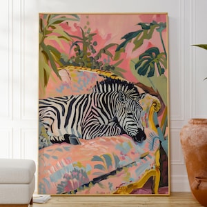 Póster botánico de cebra en el sofá, ilustración animal, decoración de pared moderna y colorida, arte minimalista para ella, láminas infantiles