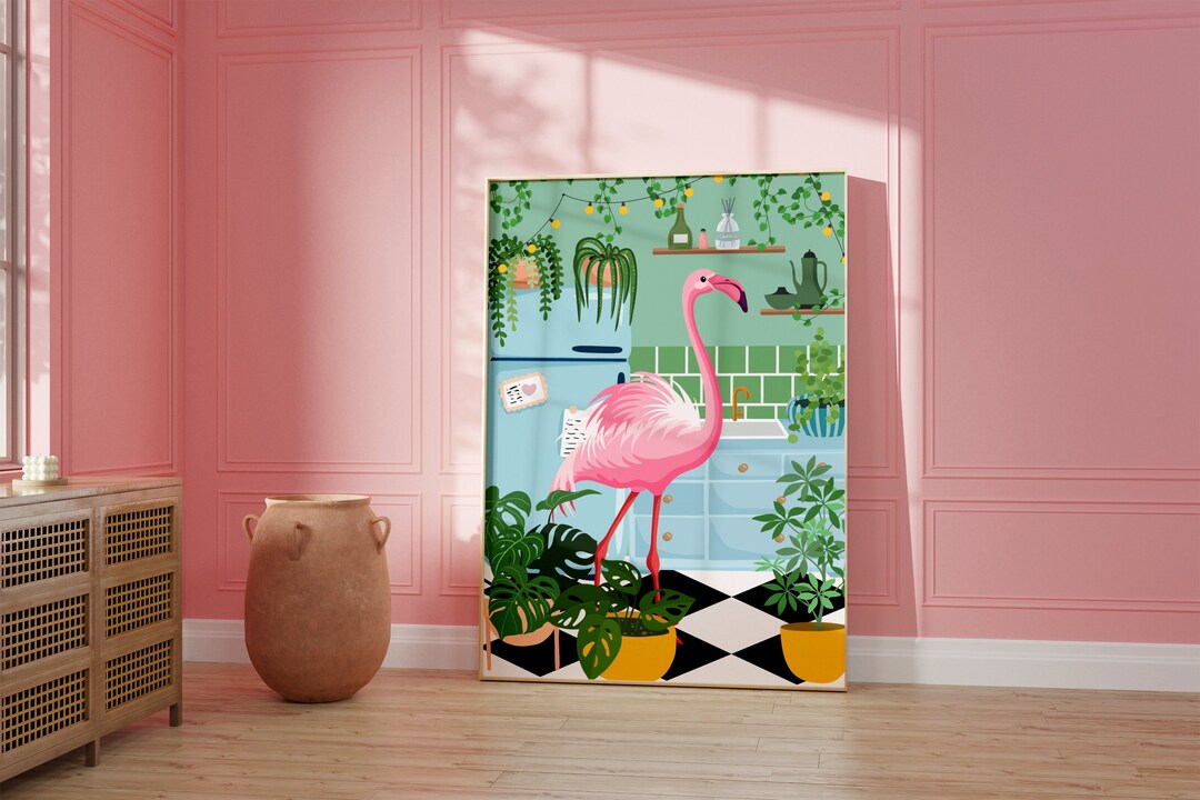 Pink Flamingo Kitchen Print Plants Print Boho Home Decor Etsy