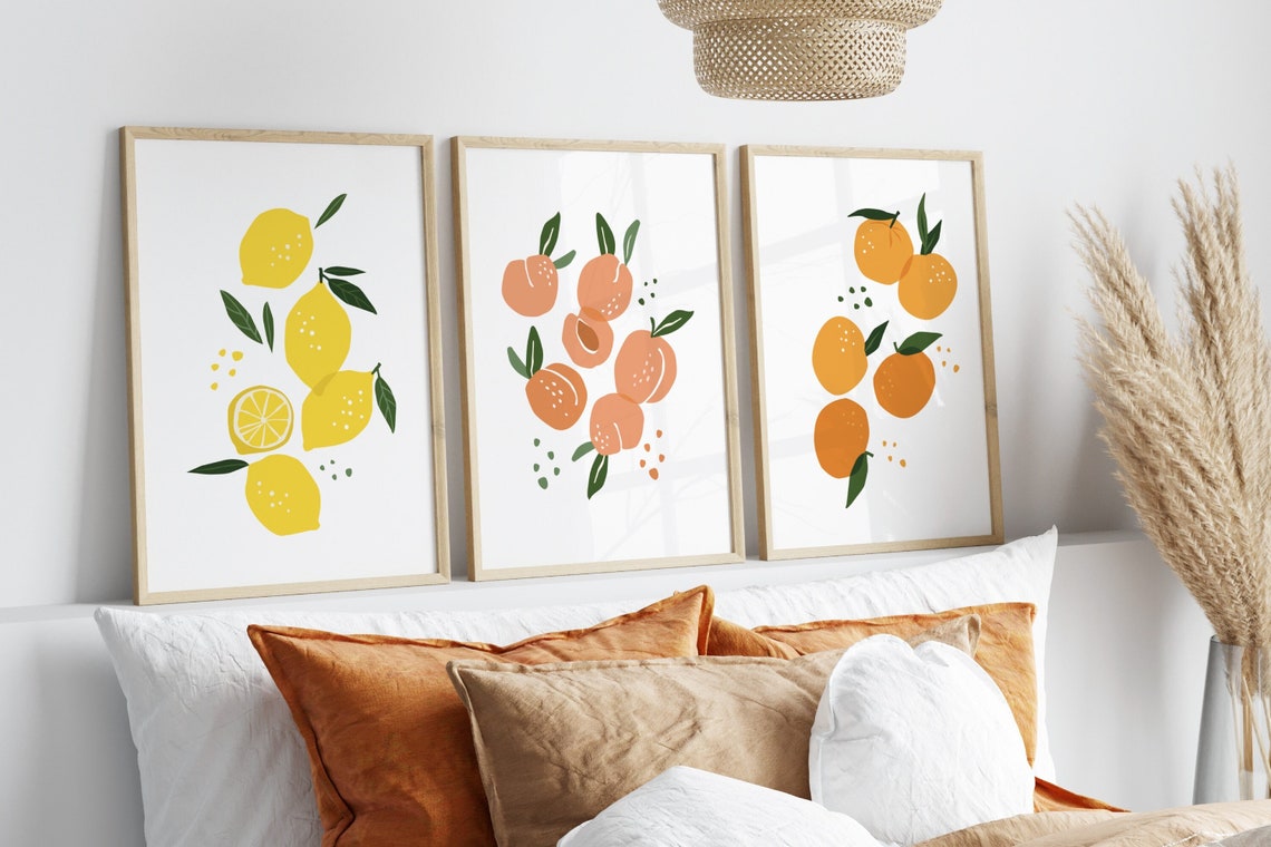 Set of 3 Prints Lemon Peach and Orange Citrus Wall - Etsy