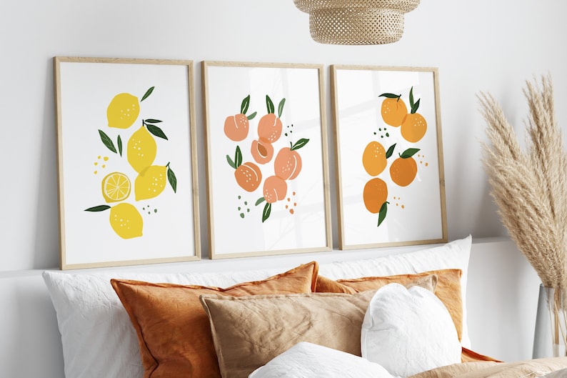 3er Set Prints, Zitrone, Pfirsich und Orange, Zitrusfrüchte, Wandbehänge, Küchenkunst, Digitaldruck, Galeriewand, Wohnzimmer Bild 1