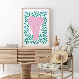 Pink Elephant And Flowers Print, Animal Print, Kids Wall Art, Girls bedroom prints, Living Room, Colourful Poster image 3