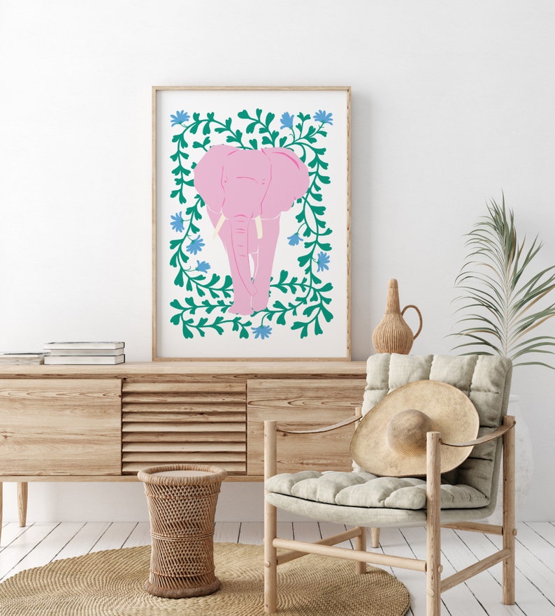 Pink Elephant And Flowers Print, Animal Print, Kids Wall Art, Girls bedroom prints, Living Room, Colourful Poster image 3