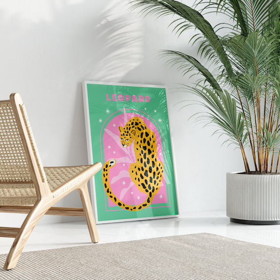 Leopard Print, Pink & Green Animal Wall Art, Kids Room