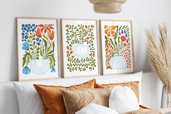 Set of 3 Potted Plant Prints Botanical Art Colourful 