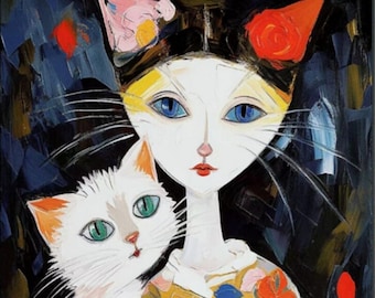 portrait cats painting oil painting on canvas signed / cats figure oil painting on canvas