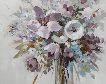 静物花の絵画 キャンバスにアクリル絵の具 サイン入り / キャンバスに