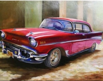 voiture Chevrolet tableau peinture huile sur toile signée  /  Chevrolet car oil painting on canvas