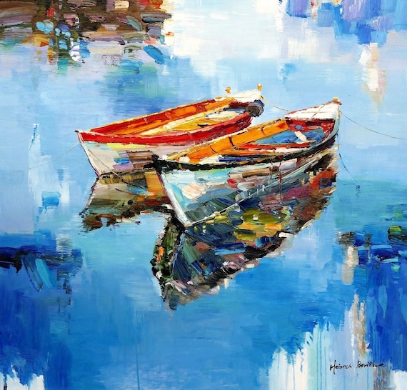 paisaje marino barco pintura óleo sobre lienzo firmado / pintura al óleo  sobre lienzo el barco