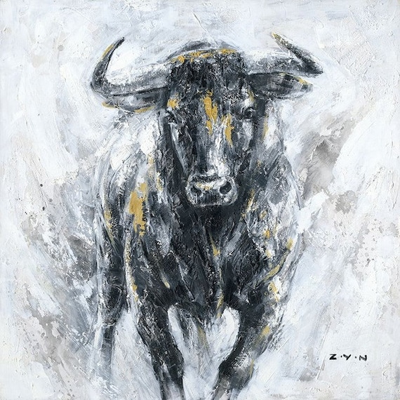 原画　牛　動物画　絵画　アクリル画　現代アート　細密画　一点物　手描き Amazon.co.jp: オリジナルの動物画牛アートキャンバスにアクリル