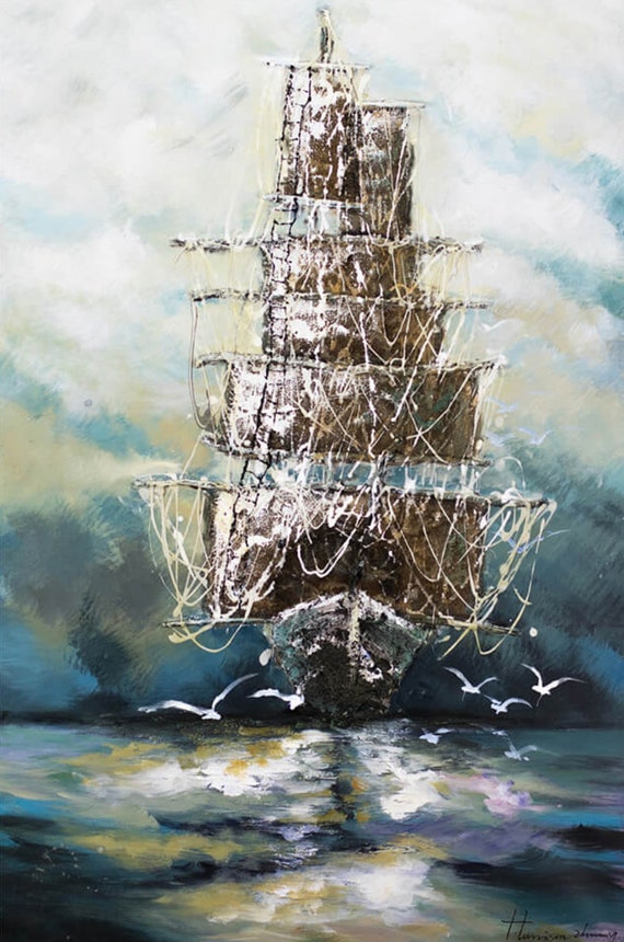 海を前にして私は、』抽象画 F10号キャンバスアクリル絵の具 海賊船