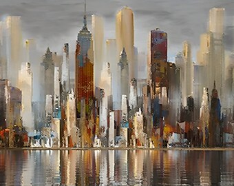 Puede incluir: Una pintura de un horizonte urbano con edificios altos en tonos marrones, grises y blancos. Los edificios se reflejan en el agua de abajo, creando una sensación de profundidad y perspectiva.