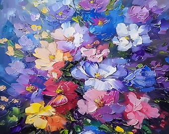 静物画 花束 花 花瓶の絵 キャンバスに油絵 サイン入り / キャンバスに