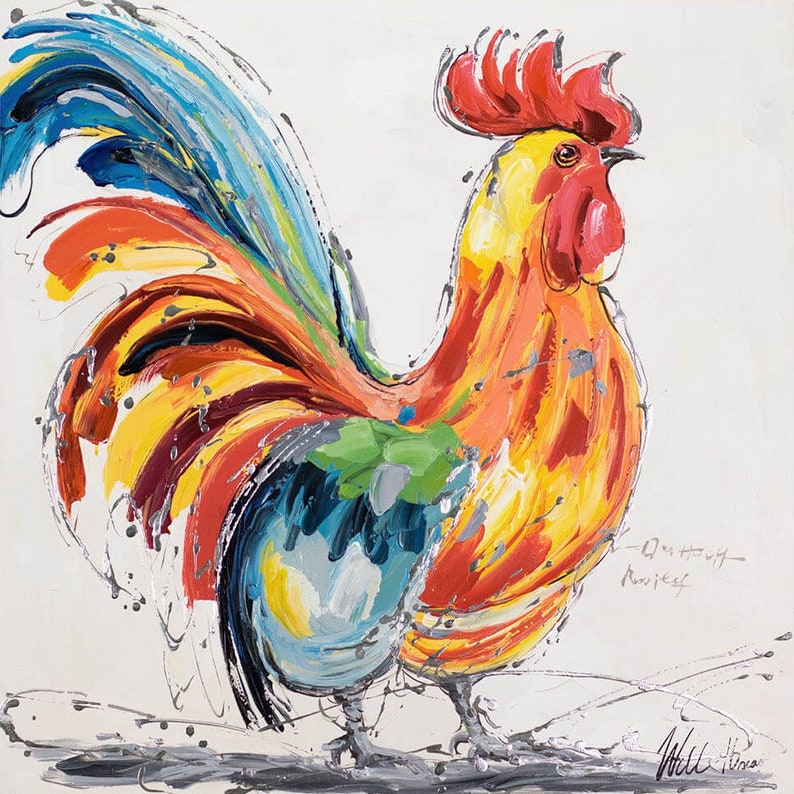 animal coq tableau peinture acrylique sur toile / animal rooster acrylic painting on canvas image 1