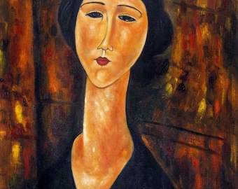 May include: A painting of a woman with dark hair and a long neck, wearing a black dress. The background is a dark brown with hints of gold and red.