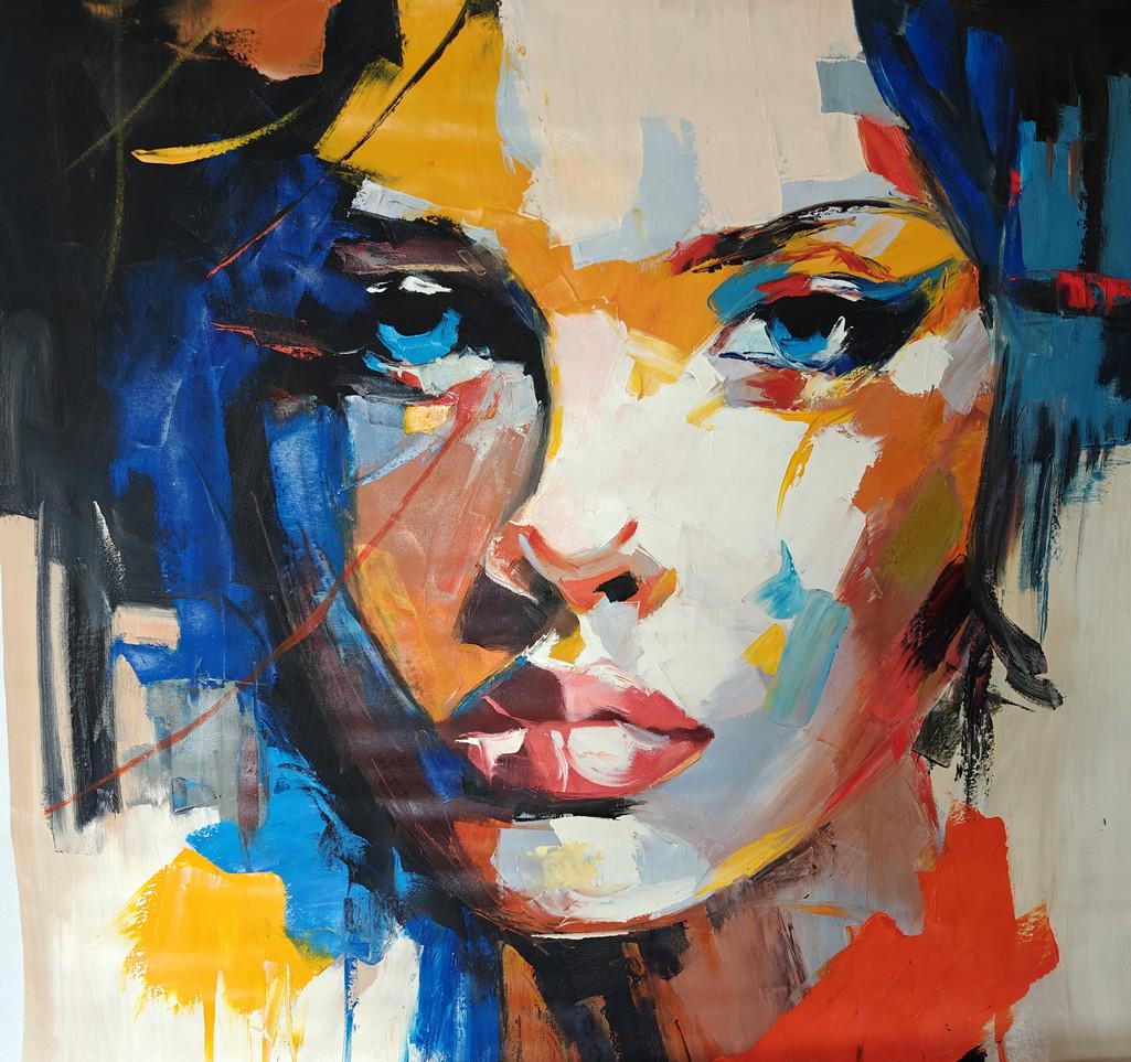 現代美術 大きな肖像画 女性 ブルーアイズ キャンバスに油絵を