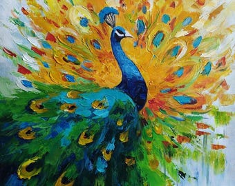 孔雀の鳥の絵 キャンバスに油絵 サイン入り / 動物の孔雀 キャンバスに
