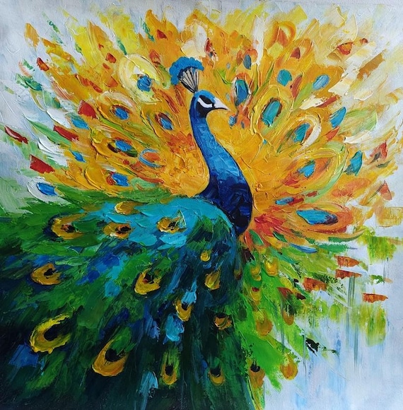 孔雀の鳥の絵 キャンバスに油絵 サイン入り / 動物の孔雀 キャンバスに