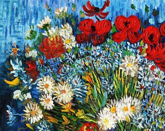 キャンバスにゴッホの油絵を描いた後の静物画の花 / キャンバスに