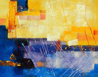 May include: Abstract painting with bold strokes of yellow, blue, orange, and purple. The painting has a textured surface and a modern style.