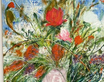 静物画 花束 花 花瓶の絵 キャンバスに油絵 サイン入り / キャンバスに