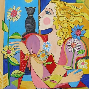 abstract woman with cat painting oil painting on canvas signed / abstract woman with cat oil painting on canvas 254561386032