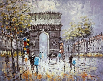 escena callejera París arco de triunfo pintura pintura sobre lienzo firmado / París vida callejera pintura sobre lienzo
