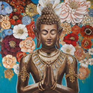 Porträt-Buddha-Gemälde, Ölgemälde auf Leinwand, signiert / Figur-Buddha-Ölgemälde auf Leinwand