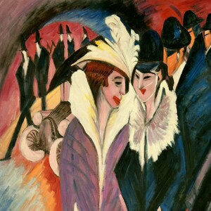 street scene after Kirchner oil painting on canvas signed / cityscape street after Kirchner oil painting on canvas