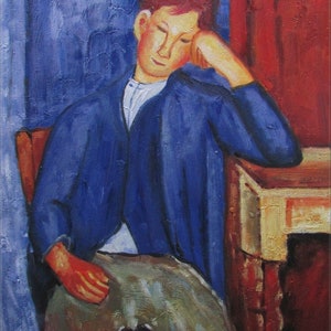 young portrait aprenti after Modigliani painting oil painting on canvas signed / figure young worker oil painting on canvas