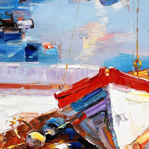 海景ボートの絵画 キャンバスにアクリル絵の具 サイン入り