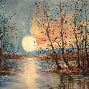 landscape riviere surealiste painting oil on canvas / abstract river oil painting on canvas