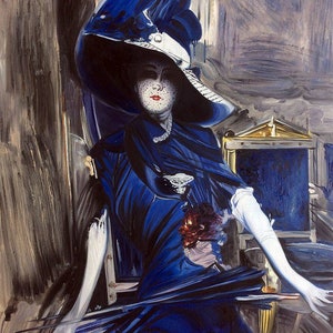 Portrait Frau mit Hut von nach Boldini Malerei Öl auf Leinwand / The Divine in Blue Woman Figur oil painting on canvas