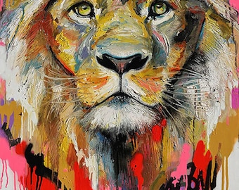 モダンアート ライオンの絵 キャンバスにアクリル絵の具 サイン