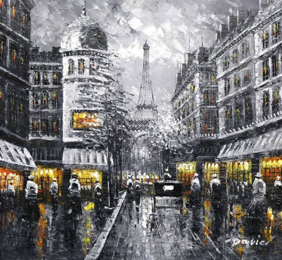 ストリートシーン パリの絵画 キャンバスに油絵 サイン入り / 夜のパリ