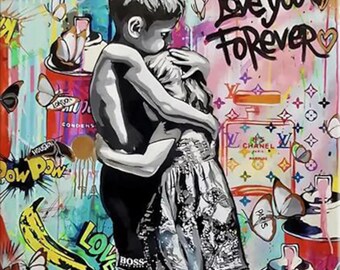 May include: A black and white illustration of two children hugging, with the text "I will love you forever" in pink and gold. The background is a colorful collage of butterflies, spray paint cans, and other graphic elements.