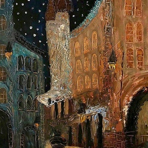 paysage vieille ville surealiste tableau huile sur toile / abstract cityscape old city oil painting on canvas