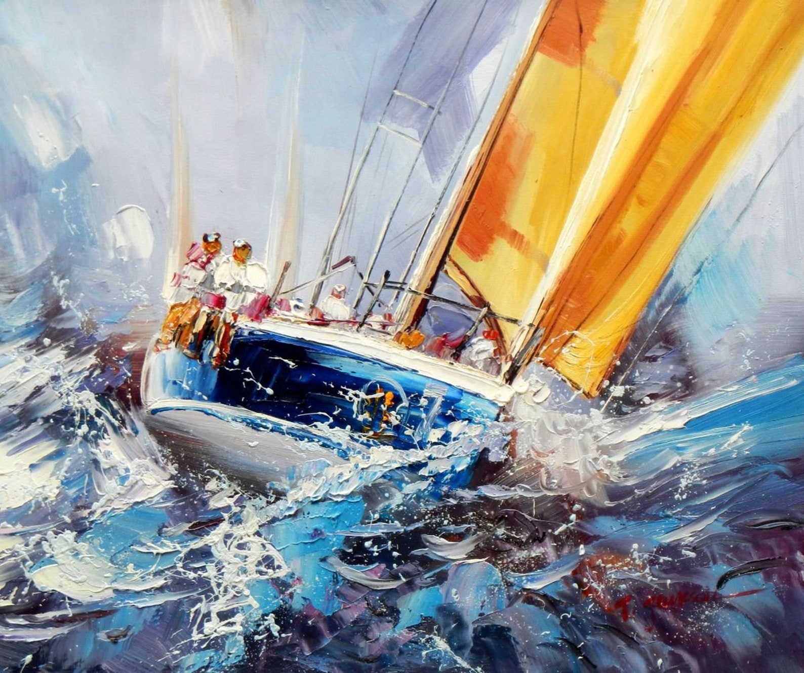 Seascape Boat Painting Painting Acrylic on Canvas Signed / Seascape