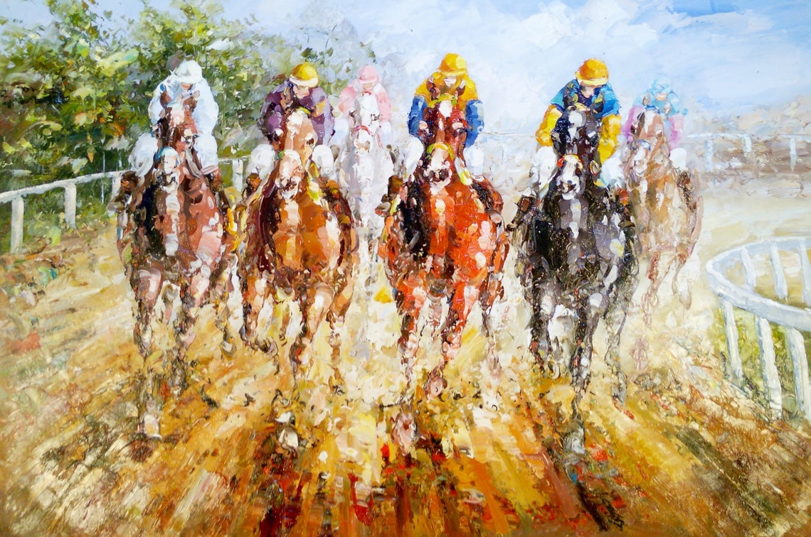 Horse Racing Original Oil Painting on Canvas Signed / Oil Painting on