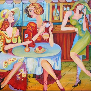 Szene Frauen im Café Gemälde Ölgemälde auf Leinwand signiert / Frauen Party Landschaft Ölgemälde auf Leinwand 270481451041