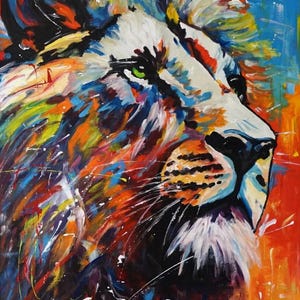modern-art-animal-feline-head-lion-multicolor-original-painting-oil-canvas / abstract lion oil painting on canvas