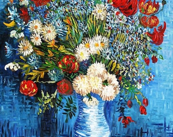 キャンバスにゴッホの油絵を描いた後の静物画の花 / キャンバスに