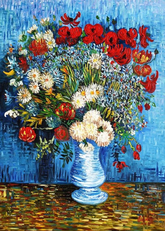 キャンバス油絵　専用　青い背景のコップに入れた野のお花　抽象静物画 キャンバスにゴッホの油絵を描いた後の静物画の花 / キャンバスに