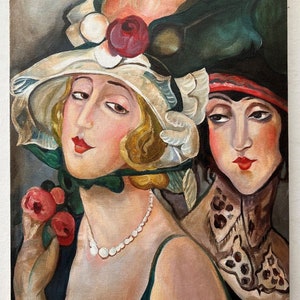 scene art deco couple women after Wegener painting oil on canvas / art figure lady oil painting on canvas