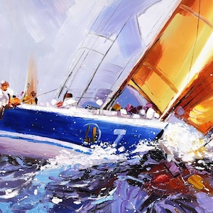 barco de regata marinero pintando pintura al óleo sobre lienzo firmado / pintura al óleo de barco paisaje marino sobre lienzo