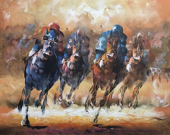 Carreras de caballos pintura original óleo sobre lienzo / pintura al óleo sobre lienzo carrera de caballos