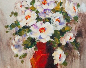 静物画 花束 花 花瓶の絵 キャンバスに油絵 サイン入り / キャンバスに