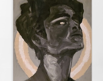 Puede incluir: Una pintura en blanco y negro de la cara de una persona con un halo alrededor de su cabeza. La persona está mirando hacia arriba y tiene una expresión seria. El fondo es gris claro.