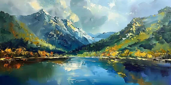 油絵 キャンバス 背景 湖の山の絵 キャンバスに油絵 サイン入り 湖の山