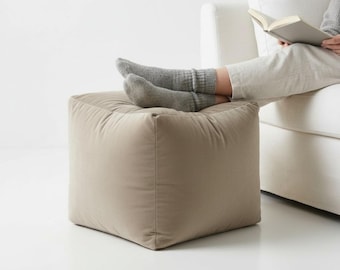 Plush Velvet Ottoman Pouf: Oyster Beige Beanbag Footstool