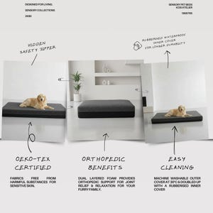 K&ouml;nnte beinhalten: Ein Hundebett mit dunkelgrauer Oberseite und schwarzem Sockel. Das Bett ist rechteckig und ein Hund liegt darauf. Das Bild enth&auml;lt auch den Text "OEKO-TEX CERTIFIED" und "ORTHOPEDIC BENEFITS".